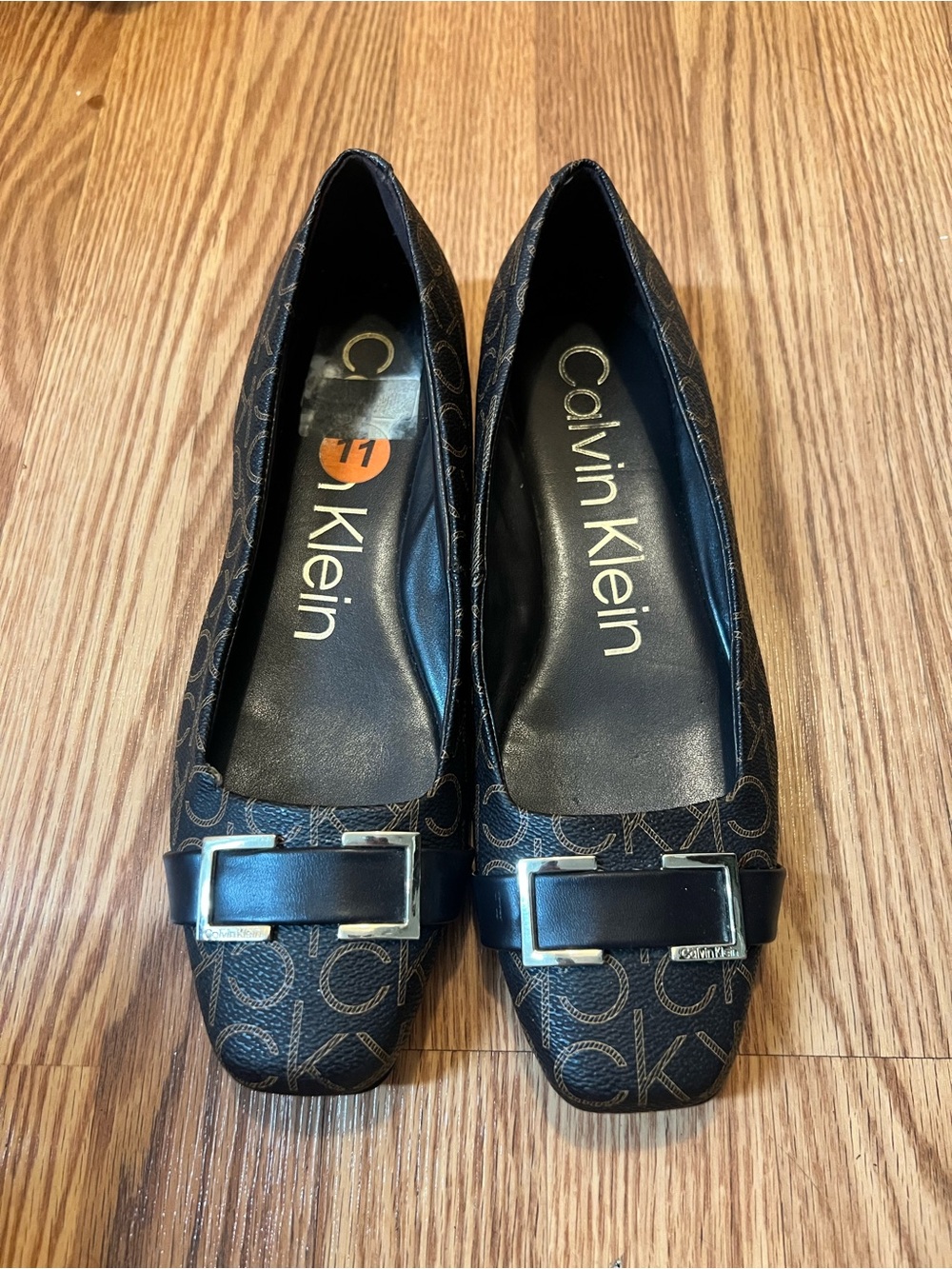 Calvin Klein Black Logo Ballet Flats with Silver Buckle Accent